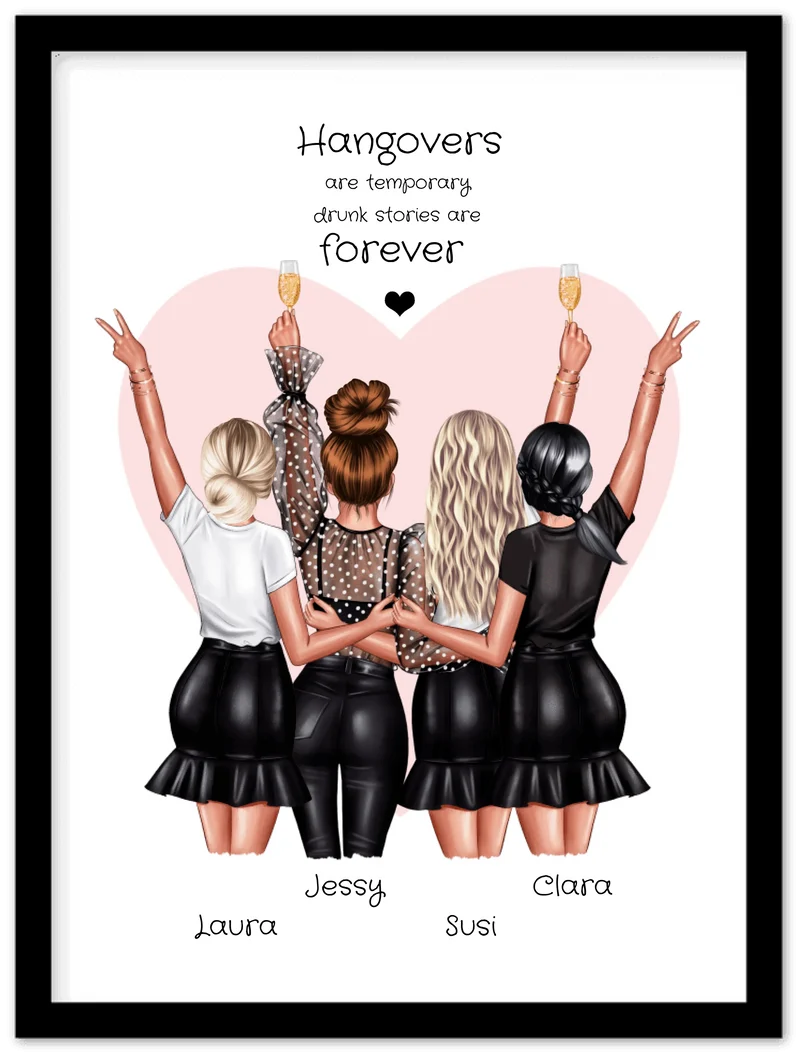 4 Freundinnen Poster personalisiert Geschenk - Beste Freundin Bild - Geburtstagsgeschenk - Geschenk Schwester - Hangovers