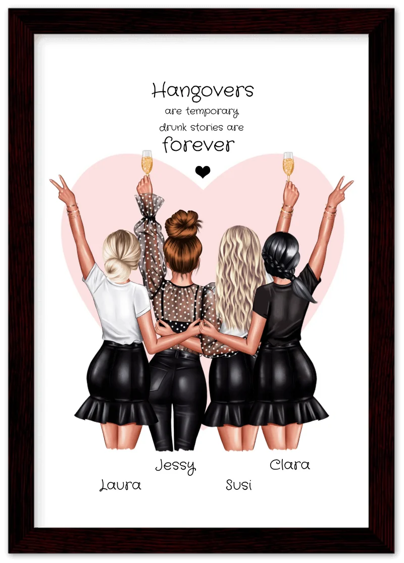 4 Freundinnen Poster personalisiert Geschenk - Beste Freundin Bild - Geburtstagsgeschenk - Geschenk Schwester - Hangovers