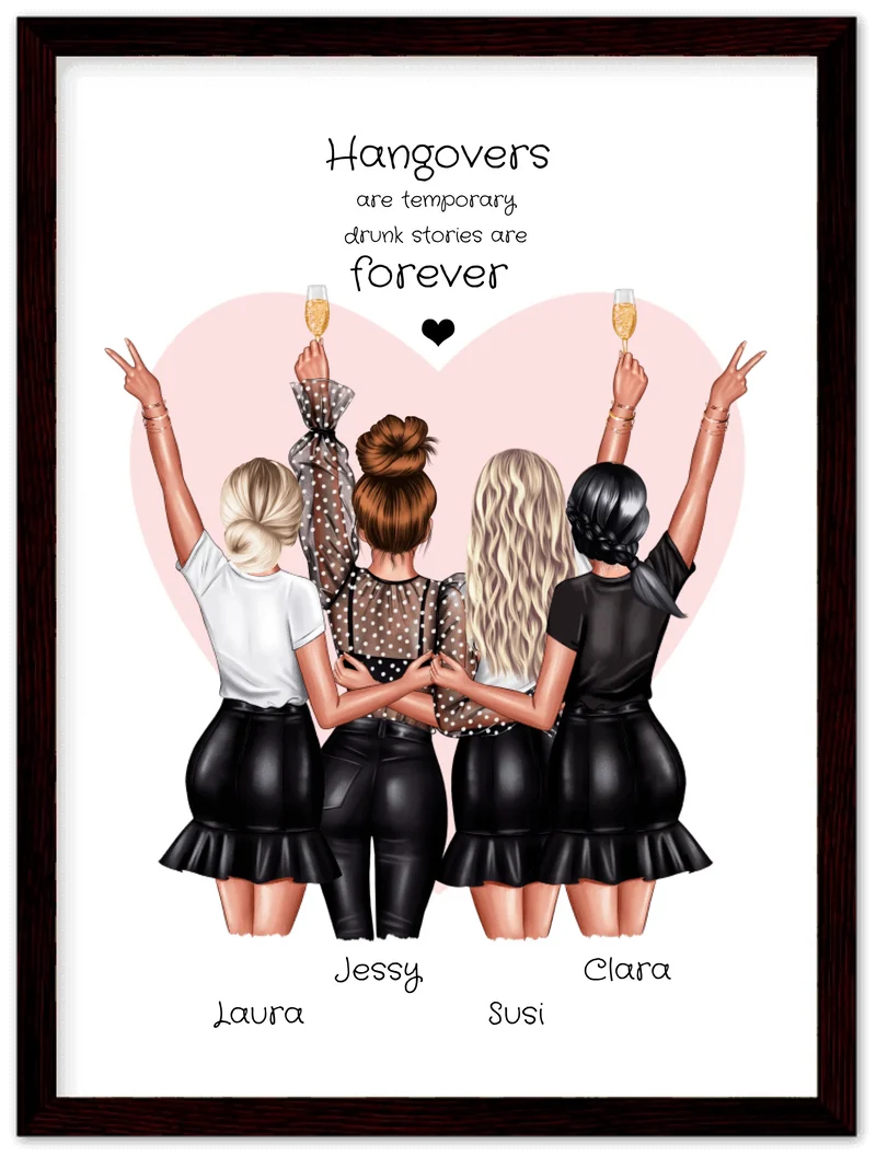 4 Freundinnen Poster personalisiert Geschenk - Beste Freundin Bild - Geburtstagsgeschenk - Geschenk Schwester - Hangovers