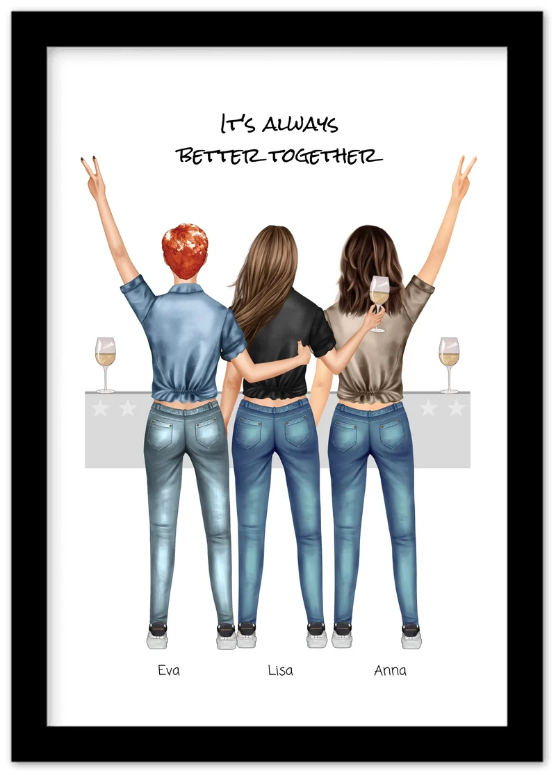 3 Beste Freundinnen Poster gerahmt - True Friends - Beste Freundin Bild personalisiertes Geburtstagsgeschenk - Ostergeschenk - Geschenk Schwester