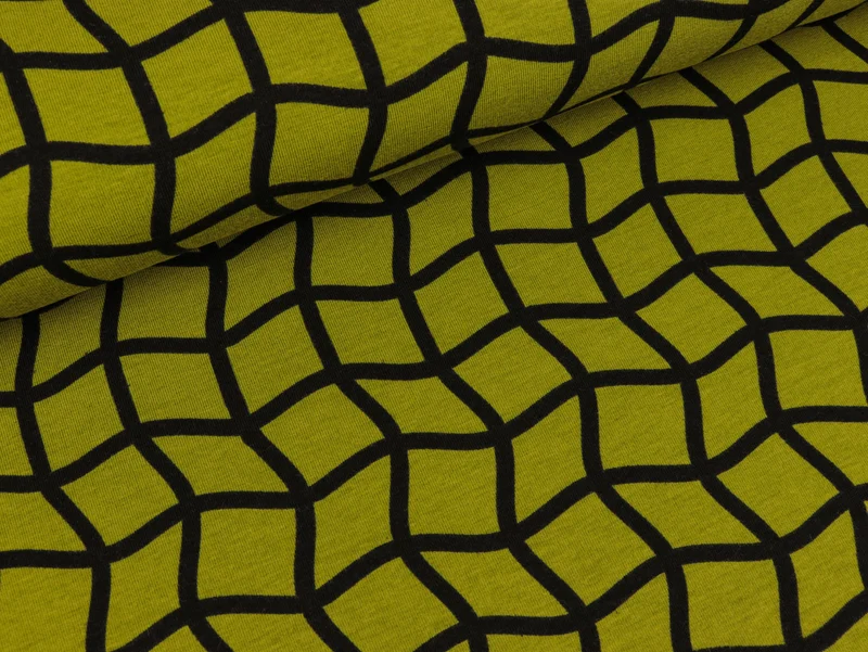 Reststück 44cm - Baumwolljersey Square Wave schwarz-erbsengrün