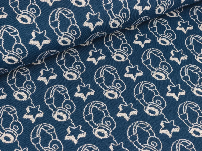 Reststück 38cm - Hamburger Liebe Pattern Love Doubleface Jacquard Jersey Star Beat atlantic