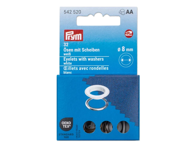 Prym 542520 Ösen mit Scheiben weiß - Ø 8mm - 32 Stück, kompatibel mit dem Vario Creative Tool