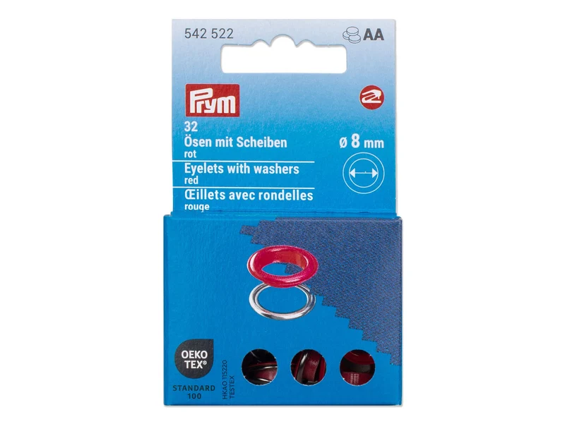 Prym 542522 Ösen mit Scheiben rot - Ø 8mm - 32 Stück, kompatibel mit dem Vario Creative Tool