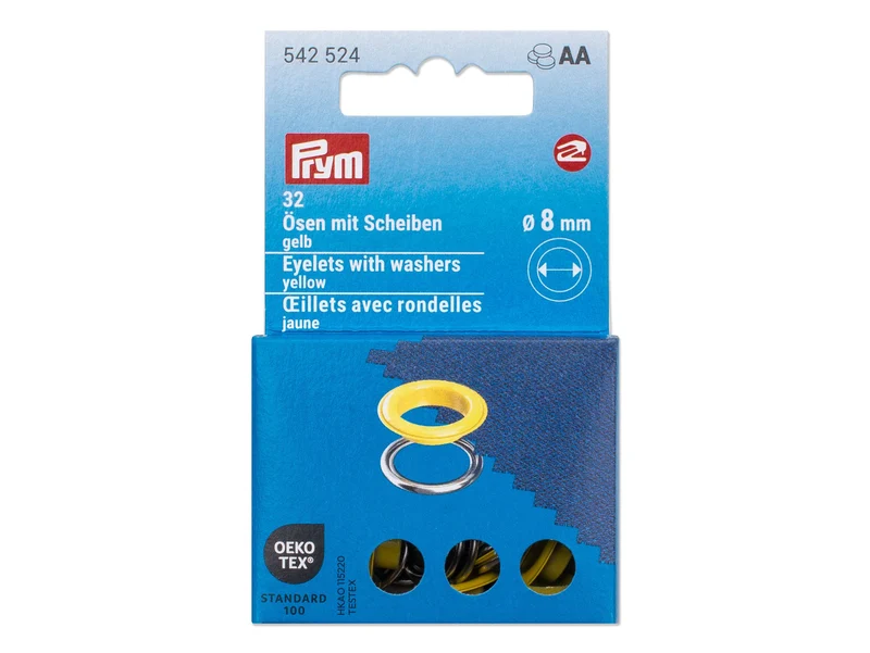 Prym 542524 Ösen mit Scheiben gelb - Ø 8mm - 32 Stück, kompatibel mit dem Vario Creative Tool