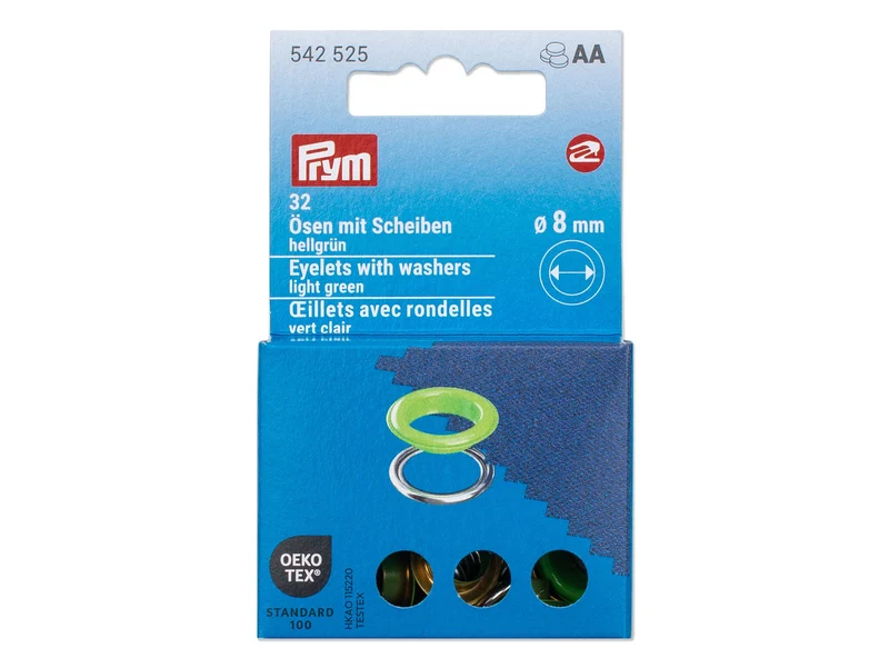 Prym 542525 Ösen mit Scheiben hellgrün - Ø 8mm - 32 Stück, kompatibel mit dem Vario Creative Tool