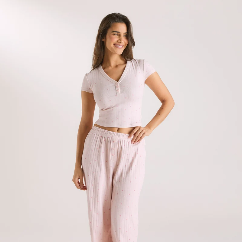 Pointelle Pyjama-Oberteil - Florales Rosa