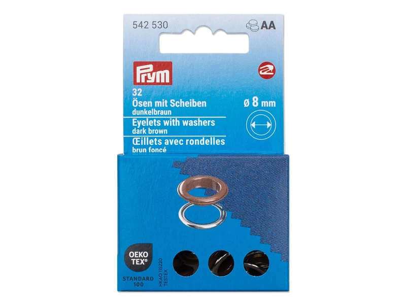 Prym 542530 Ösen mit Scheiben dunkelbraun - Ø 8mm - 32 Stück, kompatibel mit dem Vario Creative Tool