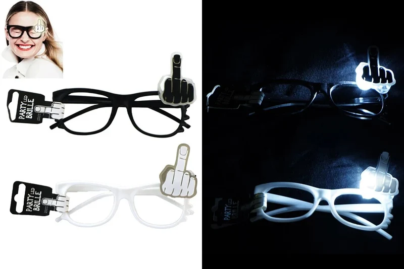 LED Partybrille Mittelfinger Brille leuchtend 15x9,5cm Schwarz Weiß Fasching 🎉