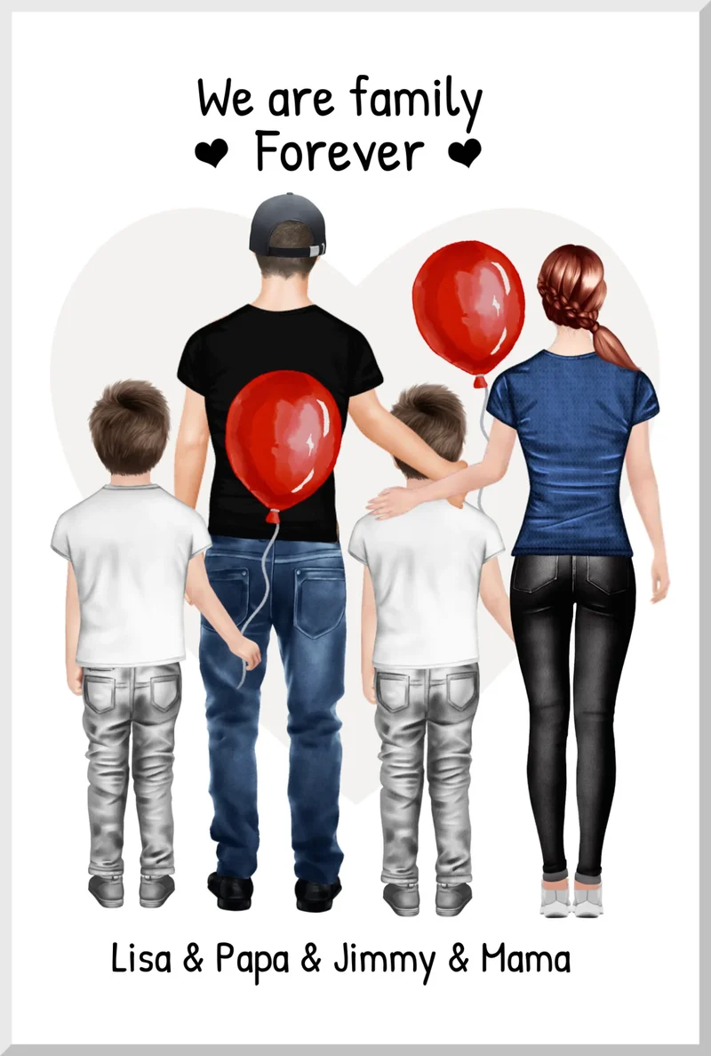 Personalisiertes Poster Familie mit 2 Kindern - Familienbild mit 2 Kindern - Personalisiertes Familienportrait - We are family