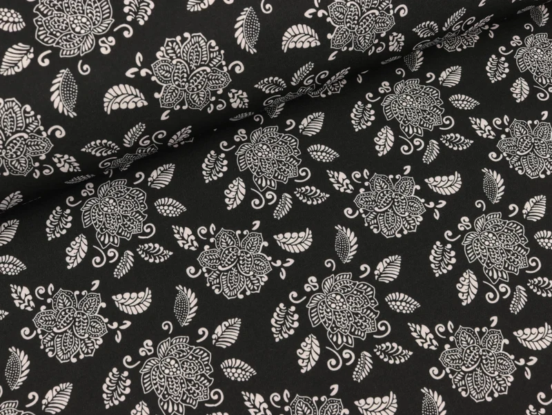 Reststück 10cm - Softshell Lotus Flower weiß-schwarz