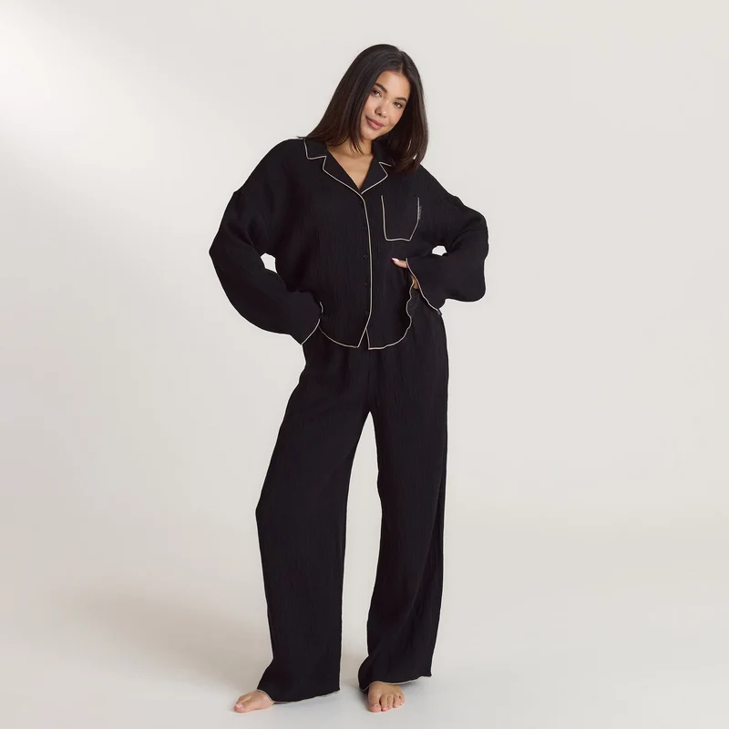 Crinkle Pyjamahemd - Schwarz