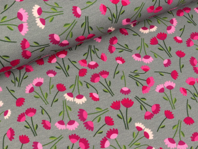 Reststück 16cm - French Terry Melly Mini Blooms grau-bunt by Lila-Lotta