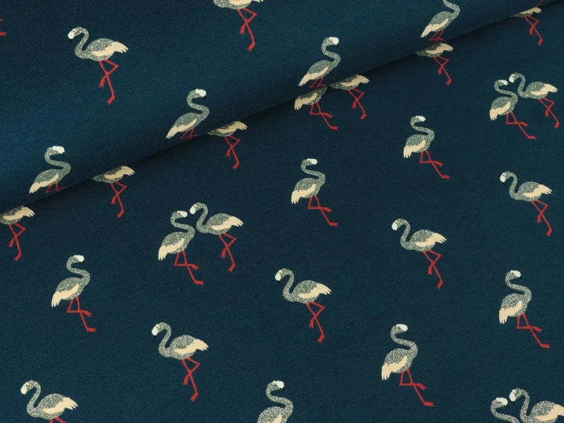 Reststück 15cm - Baumwolljersey Flamingos dunkelblau mit silbernem Glitzer