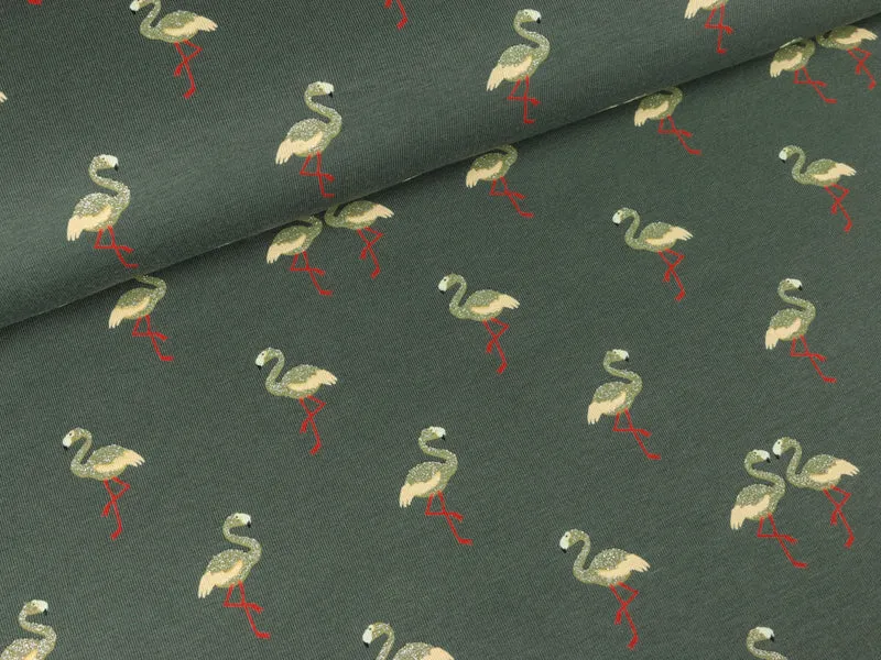 Reststück 31cm - Baumwolljersey Flamingos grau mit goldenem Glitzer