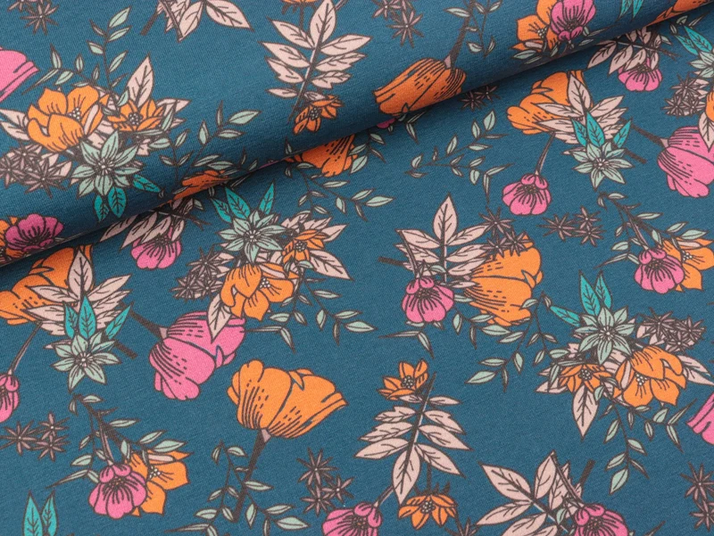 Reststück 10cm - Baumwolljersey Blossom Boom Blumen bunt auf Jeansblau by brinarina