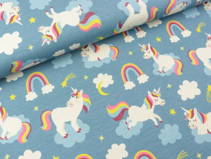 Reststück 27cm - Baumwolljersey Prinzessin Phantasie Regenbogen und Einhörner bunt auf Rauchblau