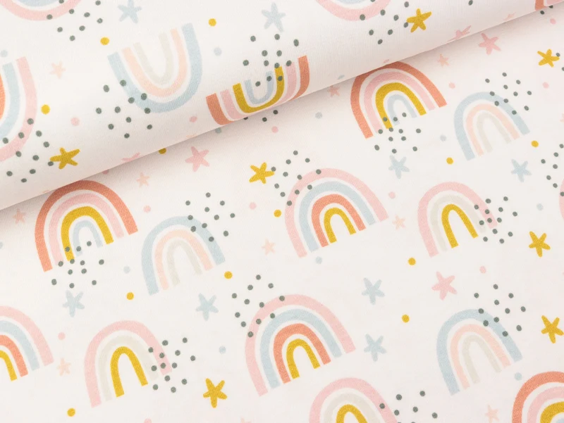 Reststück 15cm - Baumwolljersey Jesse Bunte Regenbogen auf Zartrosa
