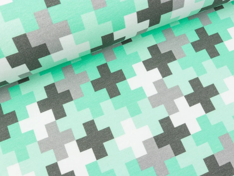 Reststück 39cm - Baumwollsweat Crazy Shapes Pluszeichen grau-mint by Lycklig Design