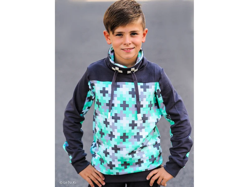 Reststück 39cm - Baumwollsweat Crazy Shapes Pluszeichen grau-mint by Lycklig Design
