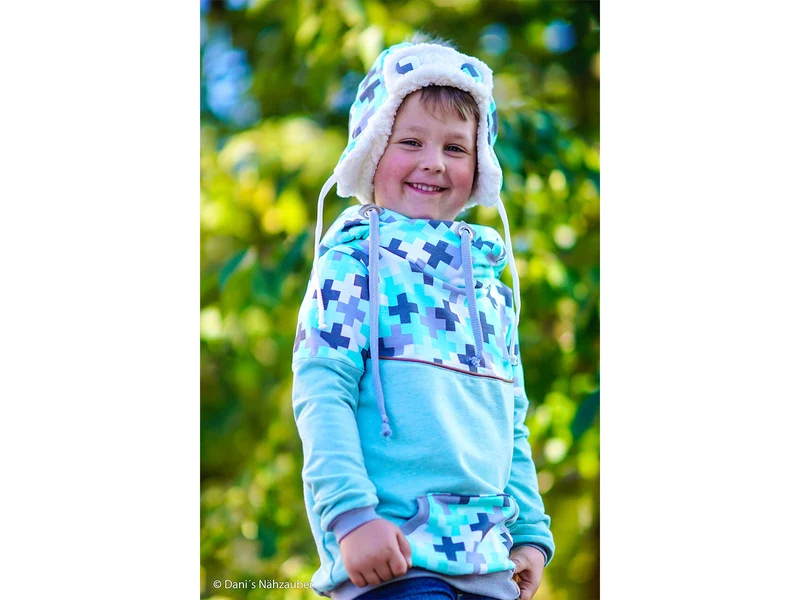 Reststück 39cm - Baumwollsweat Crazy Shapes Pluszeichen grau-mint by Lycklig Design