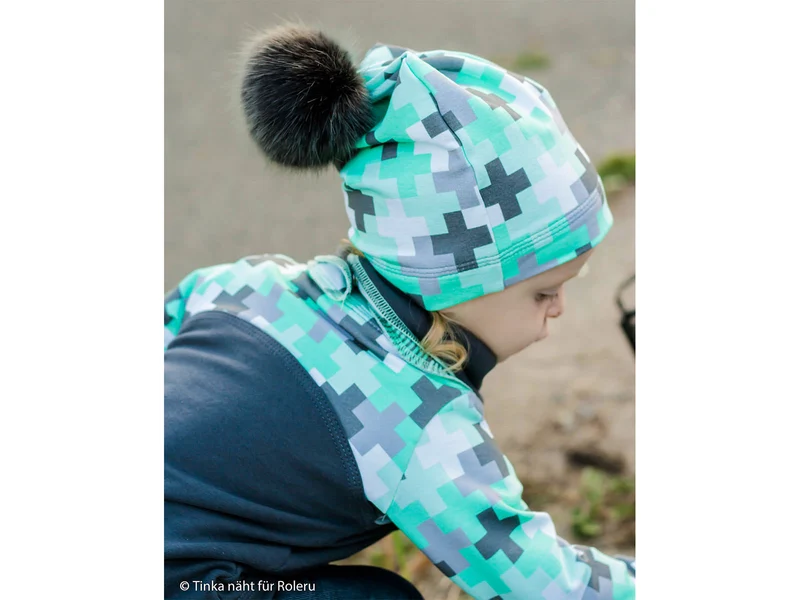 Reststück 39cm - Baumwollsweat Crazy Shapes Pluszeichen grau-mint by Lycklig Design