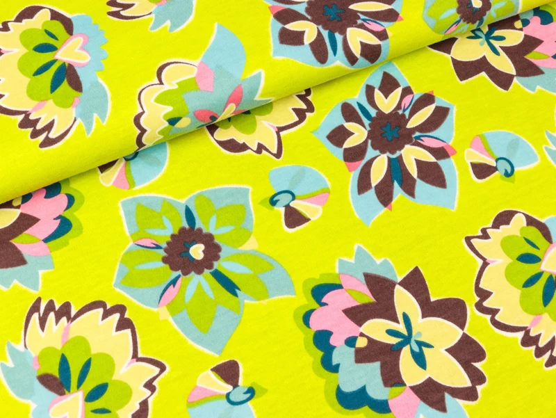 Reststück 23cm - Baumwolljersey Bunte Blumenkreise auf Lime
