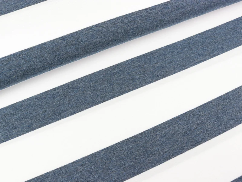 Reststück 31cm - Baumwolljersey Melange Blockstreifen jeansblau-weiß
