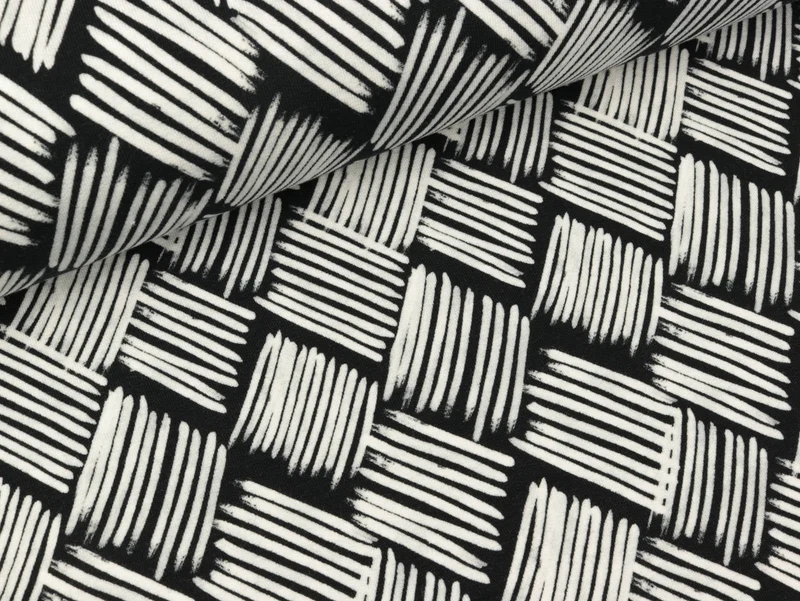 Reststück 15cm - Modalsweat Just Black and White Brush-Striche weiß auf Schwarz by Cherry Picking