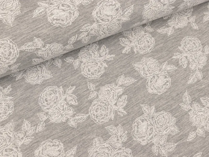 Reststück 45cm - Viscosejersey Romantic Roses weiß auf hellgrau meliert