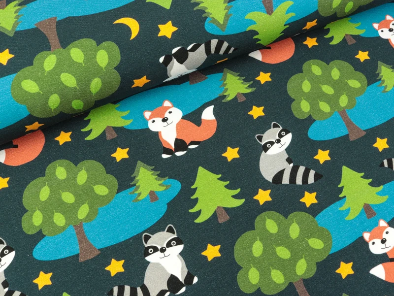 Reststück 53cm - Baumwolljersey Waldtiere Fuchs und Waschbär auf Tiefblau