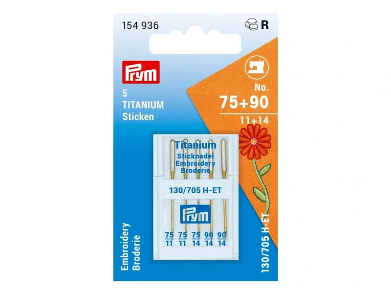 Prym 154936 Spezial-Nähmaschinennadeln mit Flachkolben - Sticken - No. 75 + 90 - 5 Stück