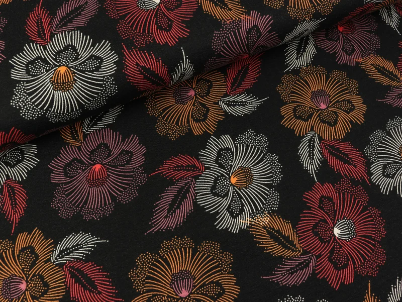 Reststück 130cm - Viskosejersey Flowers terra-messing-weiß auf Schwarz