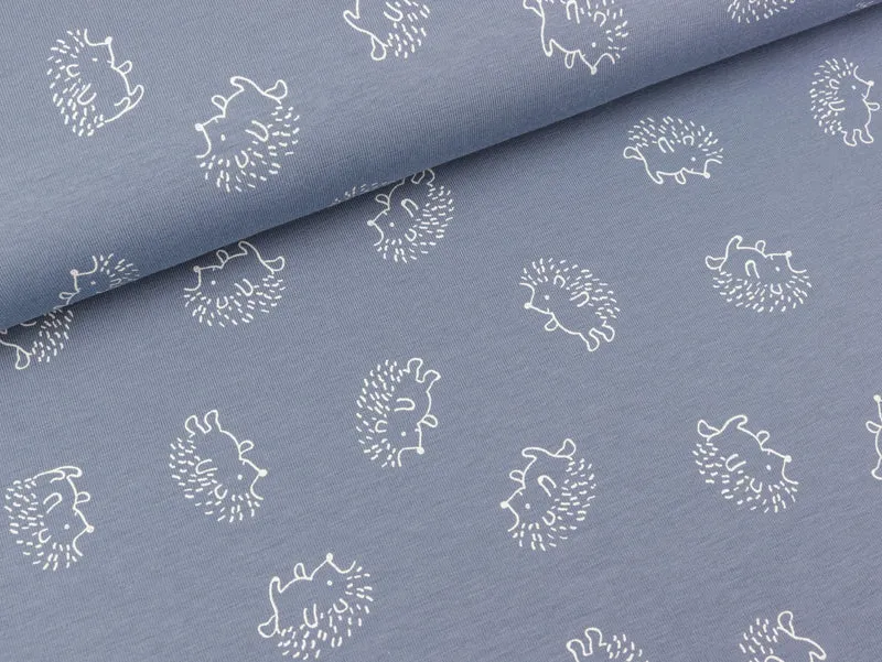 Reststück 60cm - Baumwolljersey Kleine Igel weiß auf Dusty blue