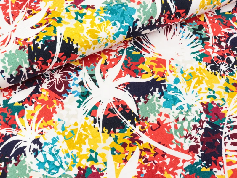 Reststück 72cm - Baumwolljersey Lara Blumen und Blätter bunt auf Weiß
