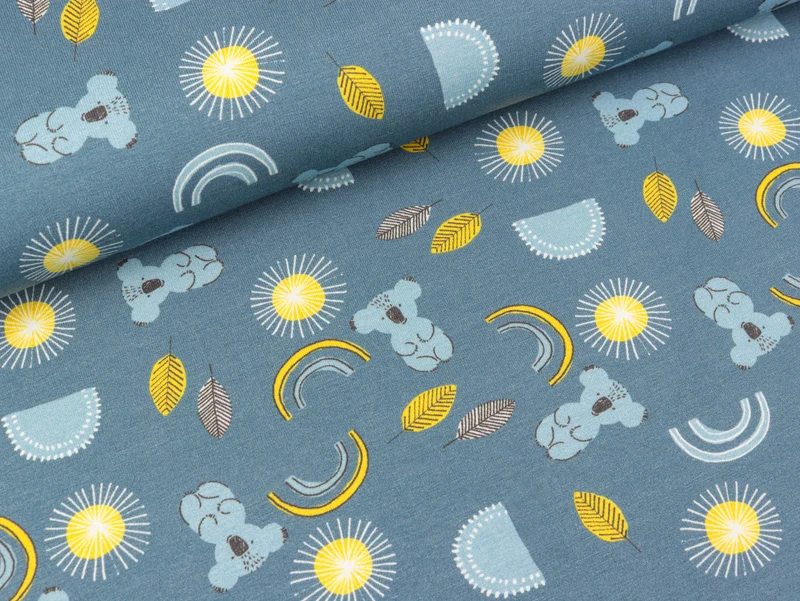 Reststück 112cm - Baumwolljersey Little King Kleine Koalas auf Rauchblau