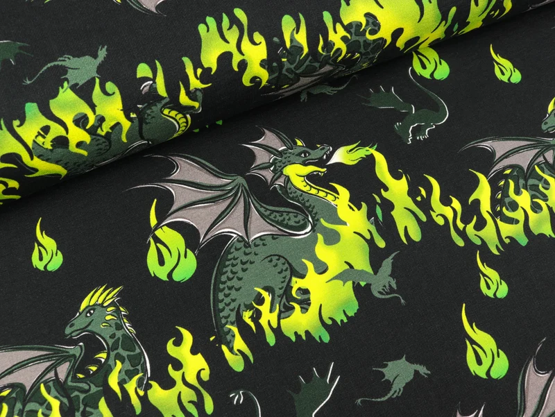 Reststück 94cm - Steinbeck French Terry Mystic Dragons Drachen und Flammen auf Schwarz