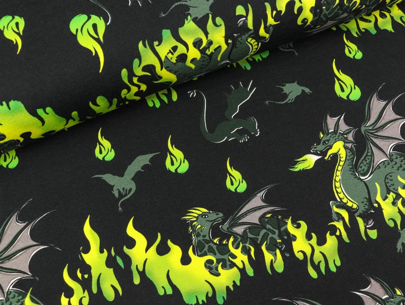 Reststück 94cm - Steinbeck French Terry Mystic Dragons Drachen und Flammen auf Schwarz
