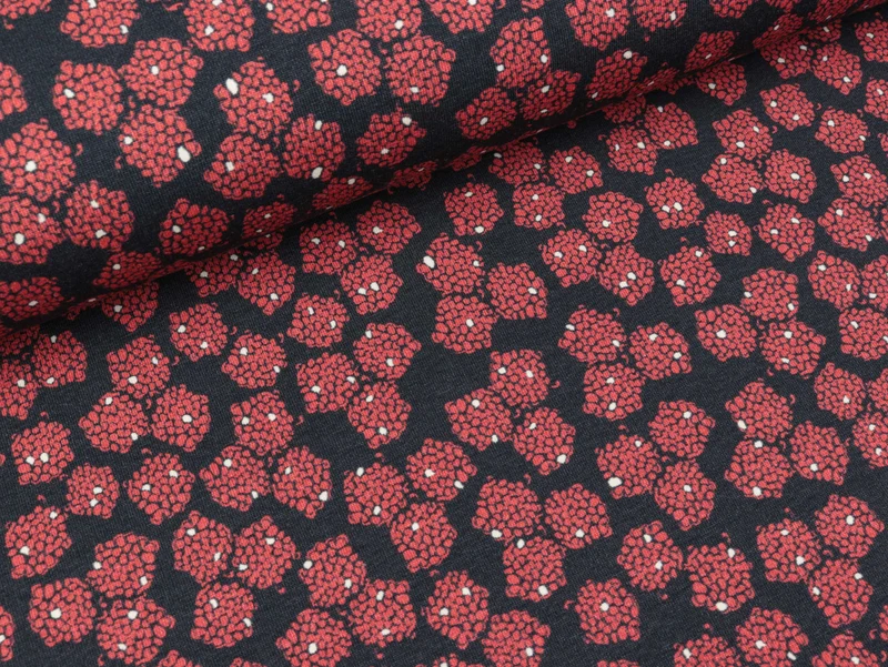 Reststück 55cm - Leichter Baumwollsweat Blossom nachtblau-koralle by Lila-Lotta