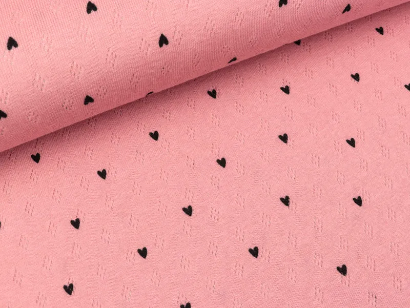 Reststück 35cm - Pointoille Jersey Loch Strick Heart schwarz auf Rosa