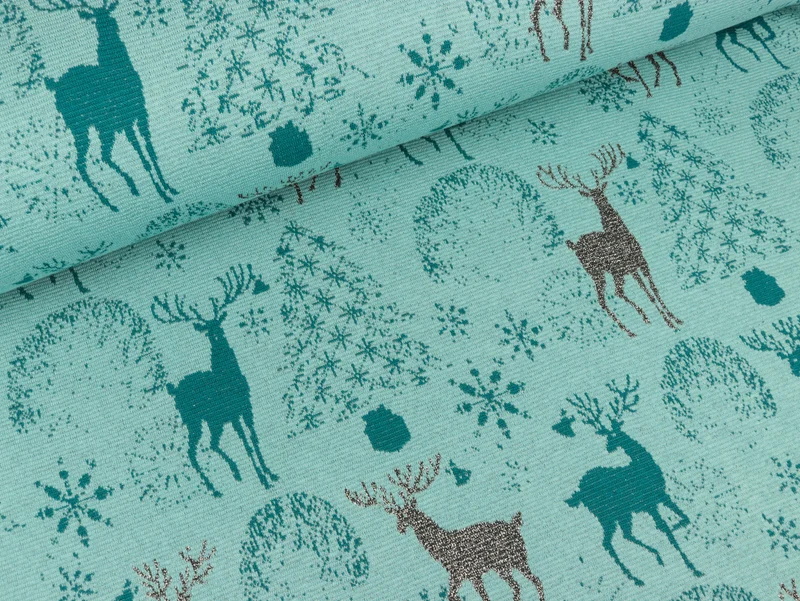 Reststück 70cm - Strickstoff Deer petrol-silber auf Türkis mit Glitzer