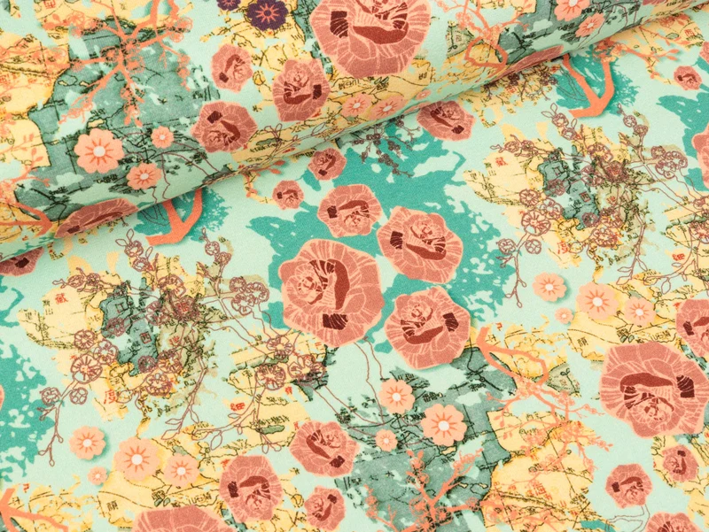 Reststück 58cm - Baumwolljersey Chinese Roses petrol-mint by Bienvenido Colorido