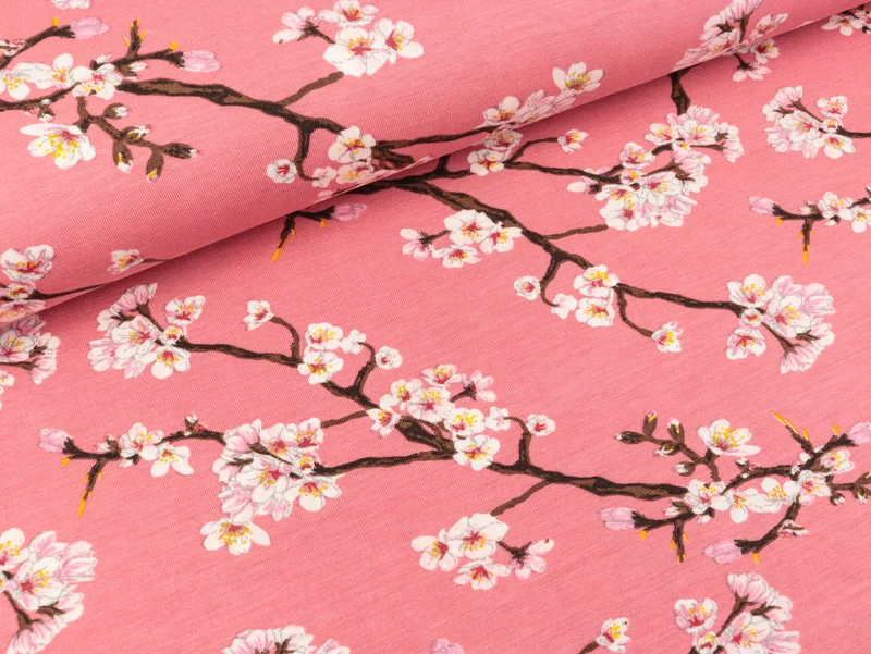 Reststück 17cm - Modaljersey Blossom Kirschzweige auf Himbeerrosa