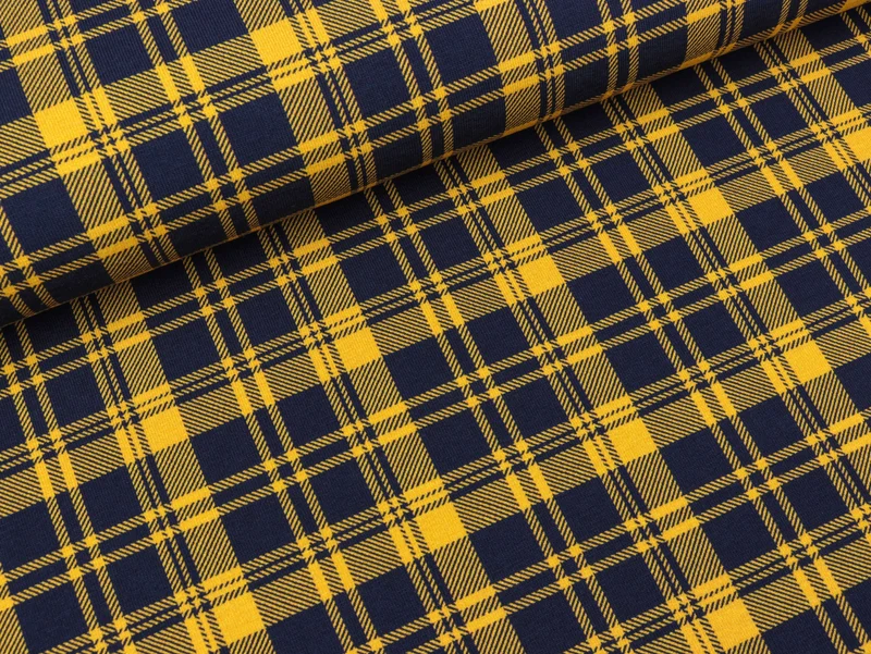 Reststück 35cm - Baumwolljersey Aberdeen maisgelb-dunkelblau kariert