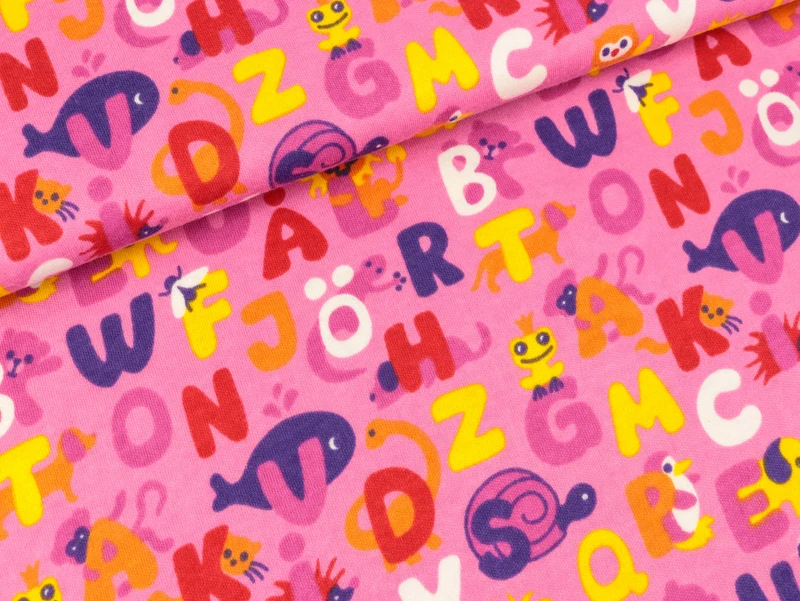 Reststück 16cm - Baumwolljersey Buchstaben bunt auf Pink