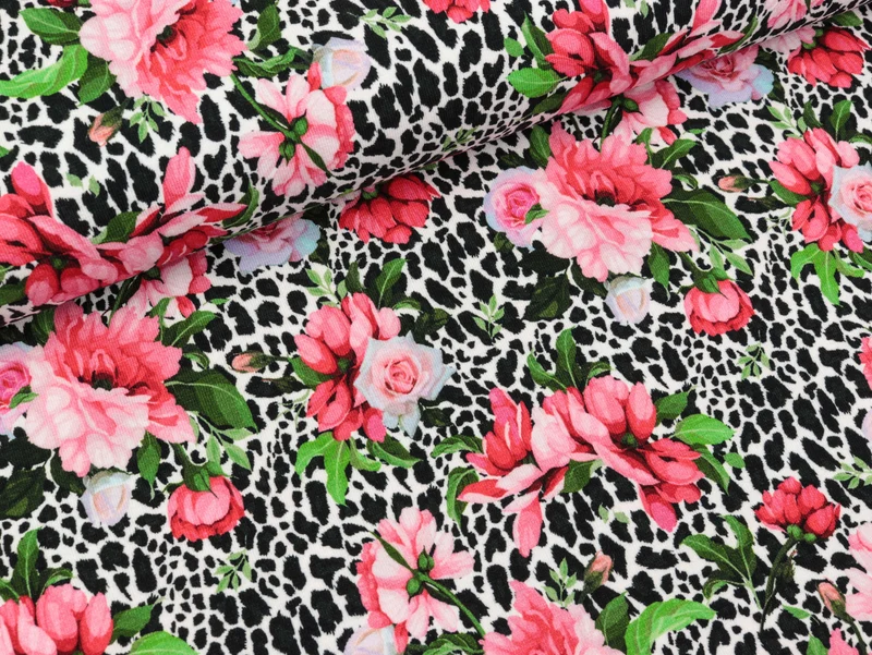 Reststück 24cm - Baumwolljersey Matti Blumen rosa-pink auf schwarz-weißem Leoprint