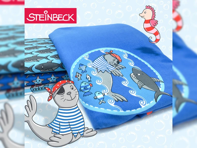 Reststück 41cm - Steinbeck Maritimer Baumwolljersey Haifische grau auf Türkis