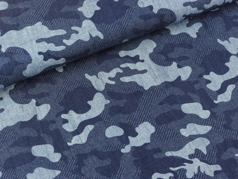 Reststück 68cm - Leichter Jeansstoff Chambray Camouflage auf Jeansblau Stonewashed