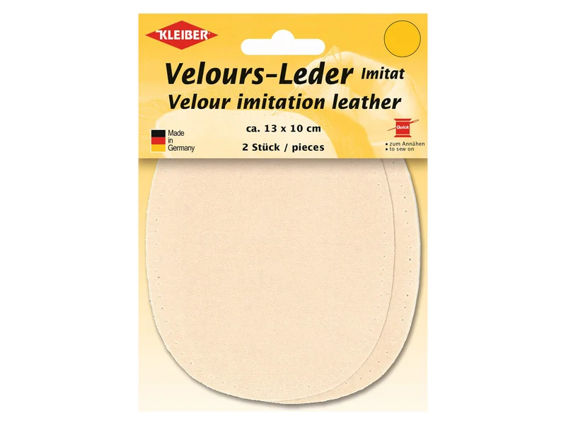 Kleiber 89617 Velours-Leder Imitat Flecken Klein zum Annähen vorgelocht elfenbein - ca. 13cm x 10cm - 2 Stück
