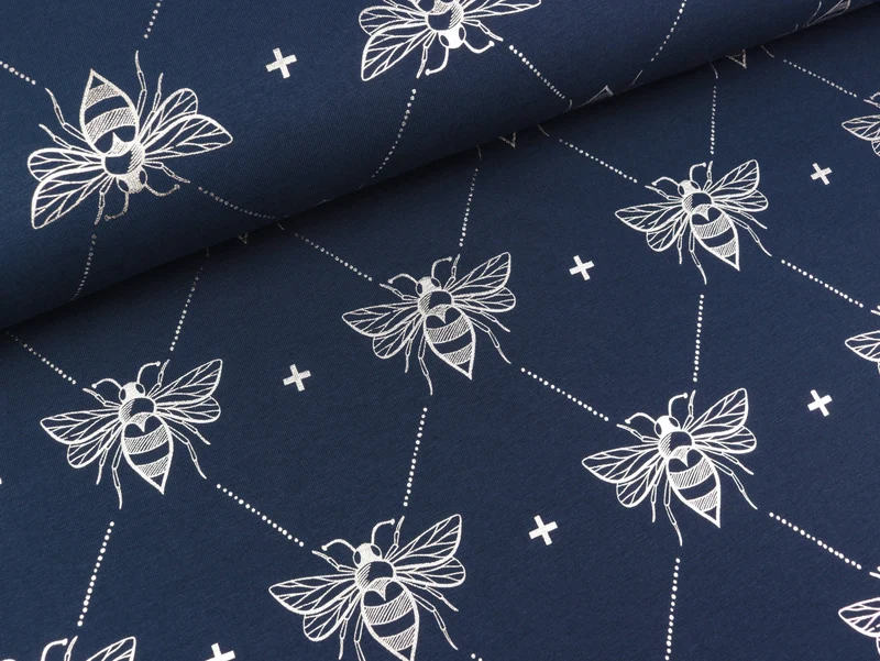 Reststück 24cm - Hamburger Liebe Folienprint Baumwolljersey Glow Bee blue navy-silber